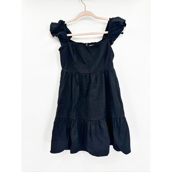 Reformation Jeune Black Tiered Square Neck Cap Sleeve Mini Dress Size 6 - Picture 3 of 6